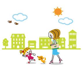 マイバッグで買い物する親子　町並み