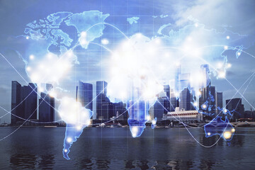 Double exposure of business theme hologram drawing and city veiw background. Concept of success.