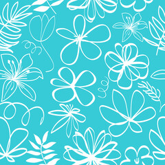 Fototapeta na wymiar Vector seamless pattern with abstract flowers, leaves on blue background