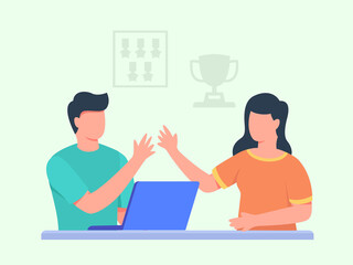 Men work on laptop high five with women in front background trophy medal with flat cartoon style.