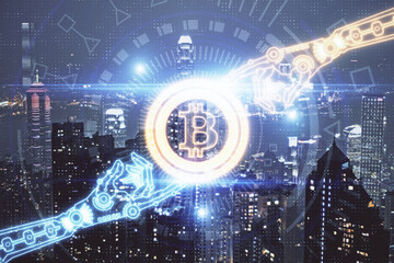 Multi exposure of cryptocurrency theme hologram drawing and city veiw background. Concept of blockchain and bitcoin.