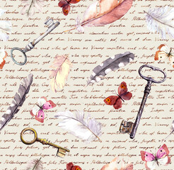 Feathers, butterflies and keys background, paper texture with handwritten text . Watercolour vintage seamlesss pattern