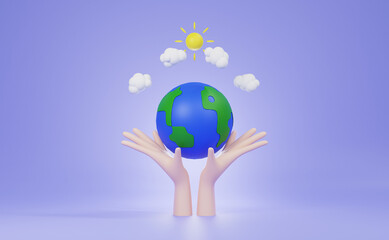3d rendering two hand holding world .save nature,World Population Day, Ecology and Earth day concept.sun.cloud.