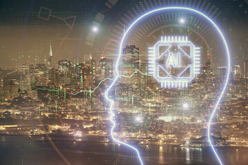 Brain hologram drawing on city scape background Double exposure. Brainstorming concept.