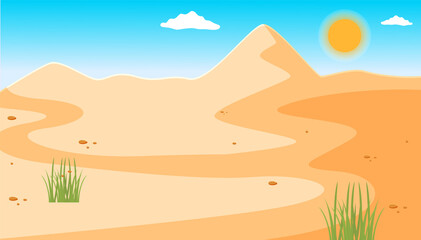 Illustration of a desert with a clear blue sky, small rare green plants. Desert mountains sandstone background. Dry desert under the sun, endless sand desert. Hot weather and yellow sand dunes
