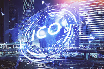 Multi exposure of cryptocurrency theme hologram drawing and city veiw background. Concept of...