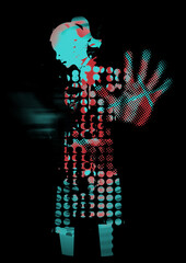 Desperate Young woman, fear of violence.
Expressive Grunge stylized illustration of woman silhouette with arm in defensive position. 