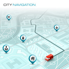 City map navigation route, point markers delivery van, isometry schema itinerary delivery car, city plan GPS navigation, itinerary destination arrow city map. Route delivery truck check point graphic
