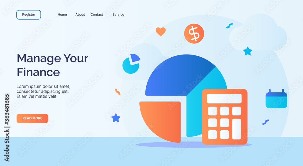 Poster manage your finance calculator pie chart icon campaign for web website home page landing template wi