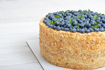 Napoleon cake with blueberries on a net background