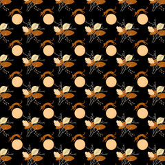 Orange cat flying over moon and flowers, surreal illustrated pattern on a black background