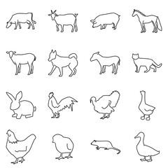 Cow, goat, pig, horse, hen, goose and other farm animals outline icons.
