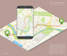 Isometry City map route navigation smartphone, phone point marker, road drawing schema, isometric city plan GPS navigation tab, itinerary destination arrow paper city map. Route isometric check point