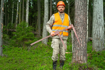 Forest engineer works with a measuring tool in the forest. Forester makes forest taxation. Worker...
