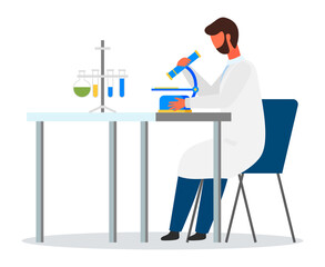 Scientist with mircoscope sitting at table. Engineer man wearing white gown exploring elements. Laboratory experiment, research. Lab assistant isolated at white background with samples in tubes