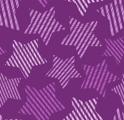 Striped stars, seamless pattern, hatching, purple. Lilac stars on a purple field. Simulation of shading. Flat color decor. Vector.   