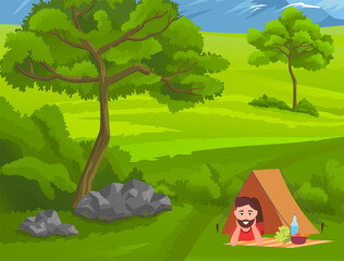 Fototapeta na wymiar Young guy relaxing lying under tent at green grass at foot of mountains near tree. Happy tourist enjoy nature and recreation. Picnic food such as salad, vegetables, bottle with water at blanket
