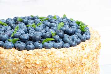 Napoleon cake with blueberries on a net background