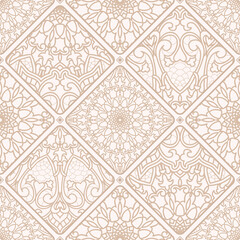 Seamless lace patchwork. Hand drawn background. Azulejos tiles patchwork. Traditional ornate Portuguese and Spanish decorative tiles azulejos. Abstract background. Ceramic tiles. Vector