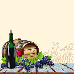 Wine still life on an old wooden surface with a vintage background. Wine and bunches of grapes. Vector template for menu and advertising.