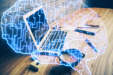 Double exposure of desktop computer and human brain drawing hologram. Ai concept.
