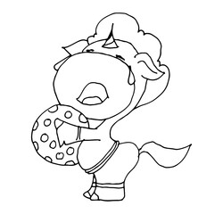 Coloring book for kids - unicorn baby crying with a ball in his hands. Black and white cute cartoon unicorns. Vector illustration.