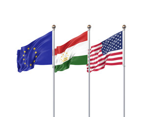 Isolated on white. Three realistic flags of European Union, USA (United States of America) and Tajikistan. 3d illustration.