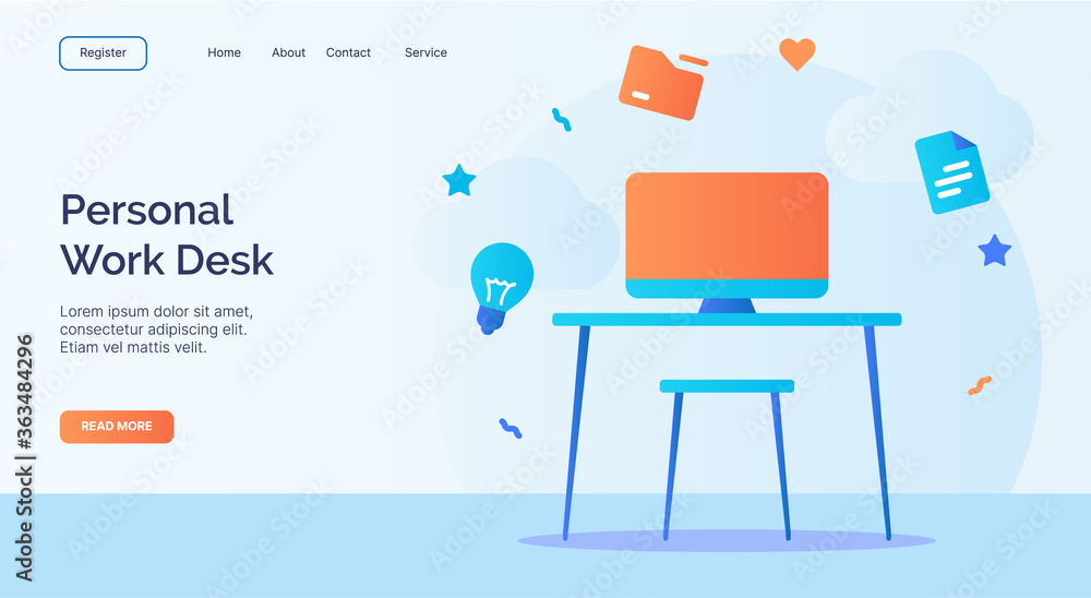 Aufkleber personal work desk computer table chair icon campaign for web website home page landing template wit