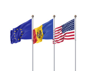 Fototapeta premium Isolated on white. Three realistic flags of European Union, USA (United States of America) and Moldova. 3d illustration.