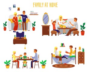 Family spending time at home together flat vector illustrations set isolated.