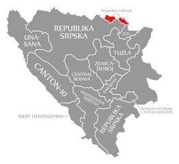 Fototapeta na wymiar Posavina Canton red highlighted in map of Bosnia and Herzegovina