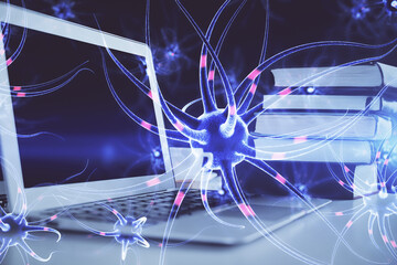 Desktop computer background and neuron drawing. Double exposure. Education concept.