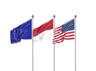 Isolated on white. Three realistic flags of European Union, USA (United States of America) and Indonesia. 3d illustration.