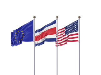 Isolated on white. Three realistic flags of European Union, USA (United States of America) and Costa Rica. 3d illustration.