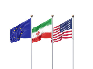 Isolated on white. Three realistic flags of European Union, USA (United States of America) and Iran. 3d illustration.