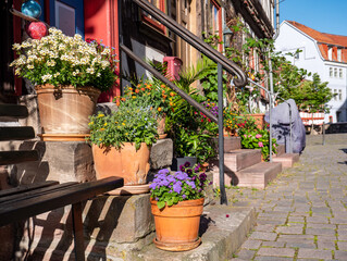 Fototapeta na wymiar mediterrane Altstadt mit Blumen von Schmalkalden in Thüringen