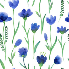 Fototapeta na wymiar Watercolor seamless pattern with green leaves and fantasy blue flowers on long stalks on white background. Beautiful textile print. Great for fabrics, wrapping papers, wallpapers, linens.