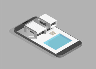 Smart modern home icon. Internet of things isometric white house with pool and lounge deck chair on phone. illustration