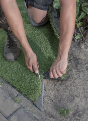 Cutting artificical grass with a knife. Garden.