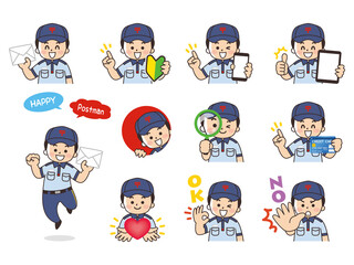 郵便局員の男性　バリエーション　初心者マーク　スマートフォン　タブレット　虫眼鏡　クレジットカード　ハート　OK　NO