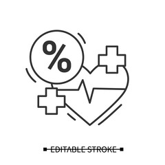 Heartbeat icon. Cardio rhythm sign with sale linear pictogram. Concept of health checkup discount, affordable healthcare and insurance plan special offer. Editable stroke vector illustration
