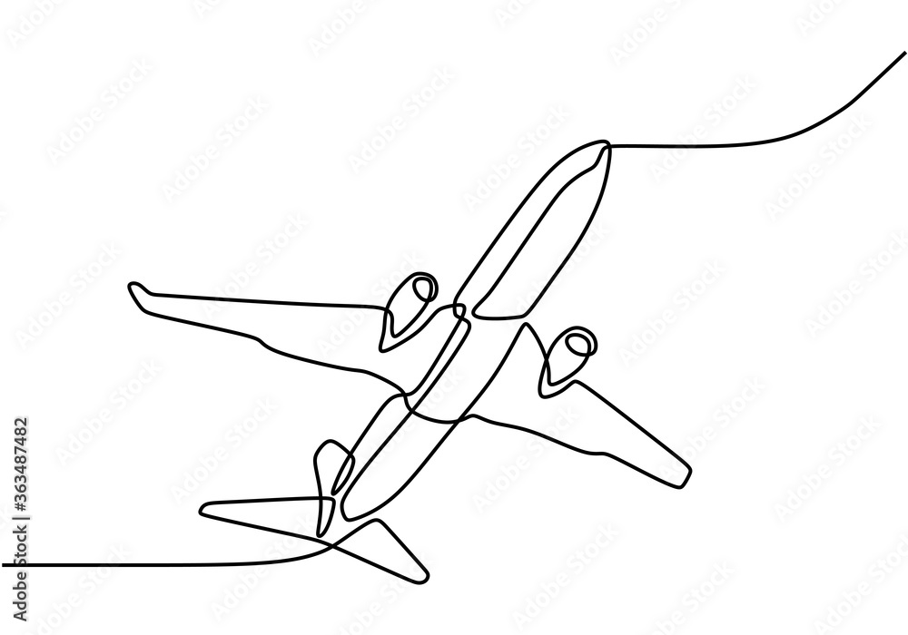 Sticker continuous line drawing. the plane flies from down to up. drawing from the hands of a black thin lin - Stickers