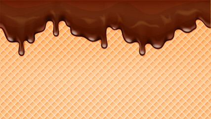 Dripping melting chocolate ice cream and wafer background. Vector illustration.