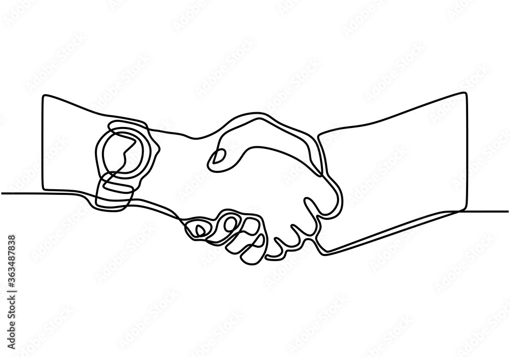 Poster continuous one line vector illustration of a handshake using watch with minimalist design isolated i