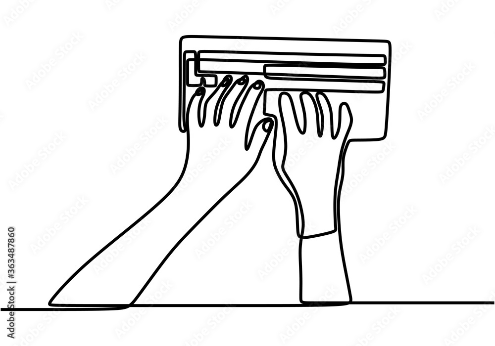 Poster single one line drawing of hand typing on keyboard. simplicity single hand drawn sketch lineart.
