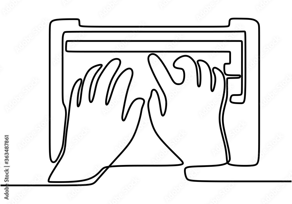 Poster single one line drawing of two hands typing on keyboard with minimalist design isolated in one white