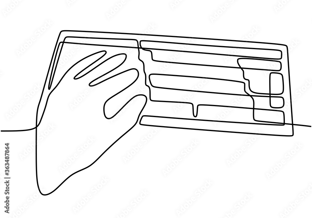 Poster single one line drawing of left hand typing on keyboard. simplicity single hand drawn sketch lineart
