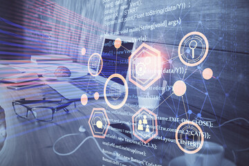 Double exposure of computer and technology theme hologram. Concept of freelance work.