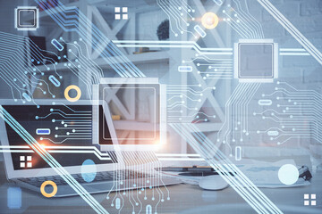 Double exposure of computer and technology theme hud. Concept of innovation.