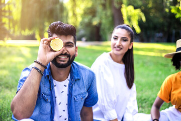 Fototapeta premium Best friends are on picnic in the park.